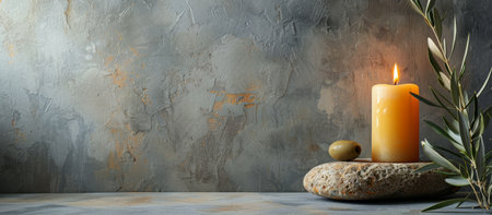 A candle placed among assorted rocks on a table.の素材