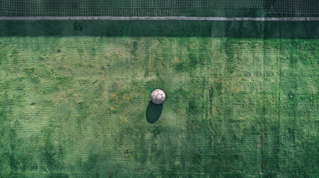 A soccer ball rests on top of a vibrant green soccer field.の素材