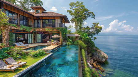 A sizeable swimming pool situated next to a verdant hillside.の素材