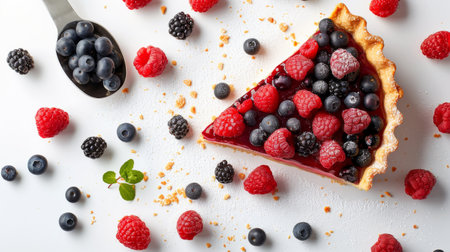 A slice of pie topped with vibrant berries and raspberries, ready to be enjoyed.の素材