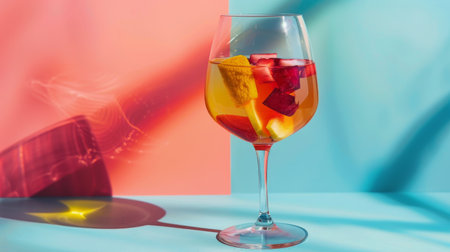 A glass containing wine with a slice of lemon floating in it.の素材