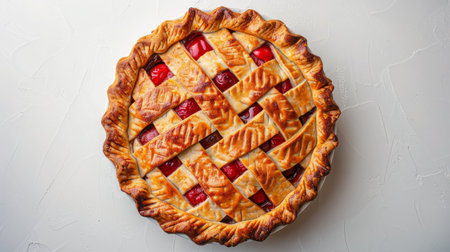 A freshly baked pie with a decorative lattice crust on top, sitting on a cooling rack.の素材
