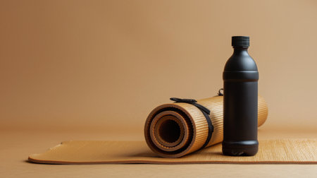 A bottle of water is placed next to two rolled-up yoga mats.の素材