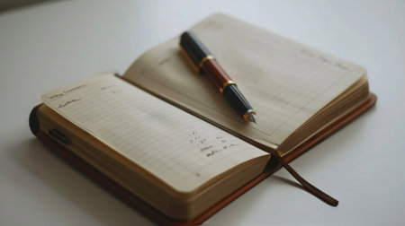 A cup of coffee sits next to an open notebook on a sleek marble table.の素材