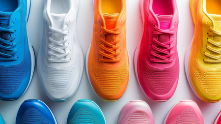 Various colored shoes neatly lined up on a white surface.の素材