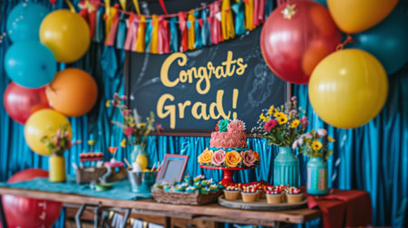 A table adorned with a cake surrounded by numerous colorful balloons.の素材