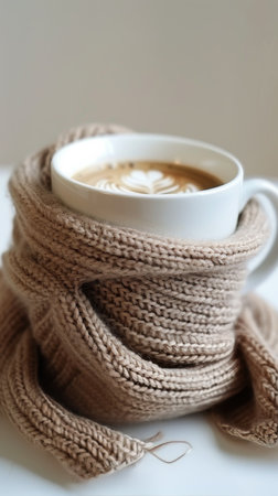 A cup of coffee adorned with a knitted wrap for insulation and decoration.の素材