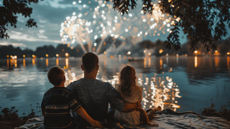 A man and woman are sitting on a blanket, looking up at the night sky filled with colorful fireworks.の素材