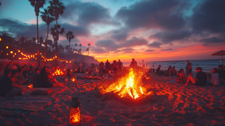 A group of individuals sitting together around a fiery pit on a sandy beach, enjoying the warmth and companionship.の素材