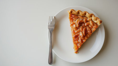 A slice of pie sits on a white plate with a fork beside it.の素材