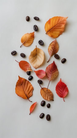 Coffee beans and leaves are scattered on a clean white surface.の素材