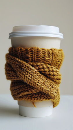 A cup of coffee adorned with a knitted wrap for insulation and decoration.の素材
