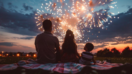 A man and woman are sitting on a blanket, looking up at the night sky filled with colorful fireworks.の素材