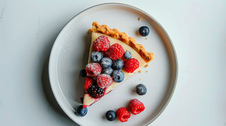 A slice of pie topped with fresh berries and mint leaves sits on a white plate.の素材