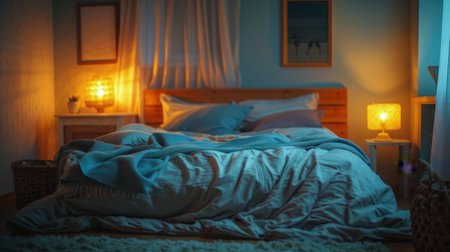 A bedroom featuring a bed and a nightstand in a simple and functional design.の素材