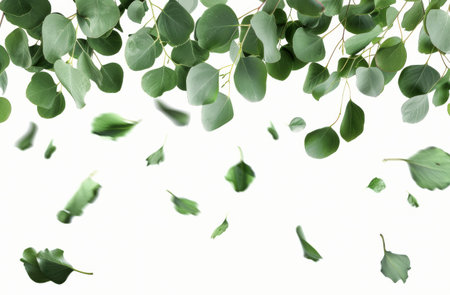 Multiple green leaves are seen flying through the air in this image.の素材