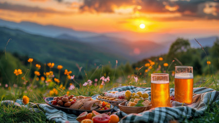 A jar of honey sits atop a picnic blanket in a grassy field.の素材