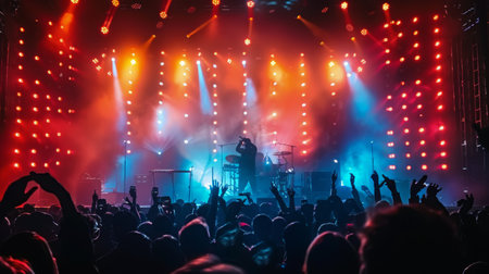 A group of individuals is gathered on a raised platform, standing and facing a crowd. The stage is the focal point of the image.の素材