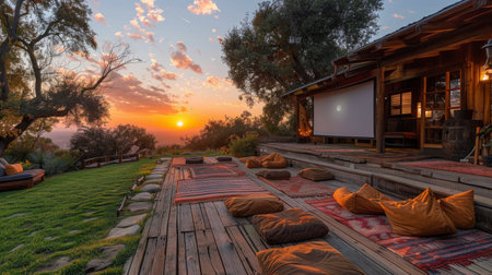 A wooden deck with colorful pillows scattered on it, with the sun setting in the background creating a warm glow.の素材