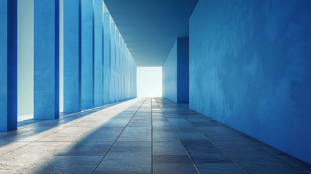 A long hallway with blue walls and a light shining at the far end, creating a sense of depth and distance.の素材