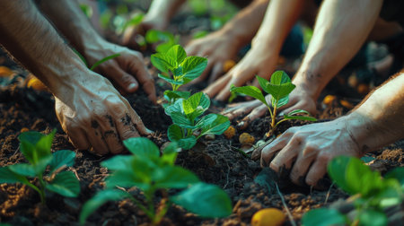 A group of individuals holding a plant in their hands, showcasing teamwork and environmental consciousness.の素材