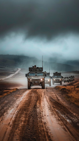 A group of military vehicles, including tanks and trucks, drive in a convoy down a dusty dirt road while kicking up clouds of dust.の素材