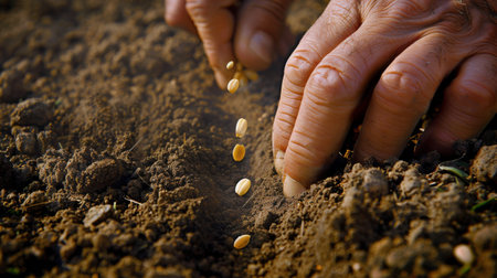 A person is actively sprouting a seed from the ground, showing the process of growth and cultivation.の素材