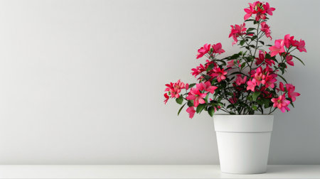 A potted plant with pink flowers sits on a table, adding a touch of color and nature to the indoor space.の素材