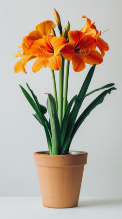 A potted plant with vibrant orange flowers blooming in a pot, adding a pop of color to the space.の素材