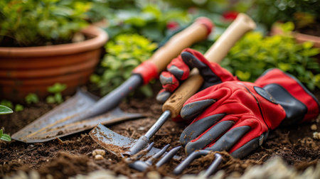 A pair of gardening gloves and various gardening tools scattered on the ground, ready for use in a gardening project.の素材