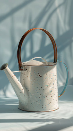 A white watering can with a sturdy wooden handle sits on a table, ready for use.の素材