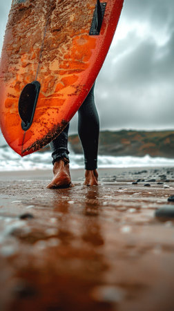 A man in a wet suit holding a yellow surfboard on the beach.の素材