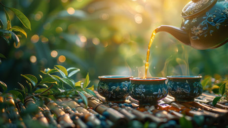 A tea pot gracefully pours tea into three cups on a table, showing the brewing process of tea.の素材