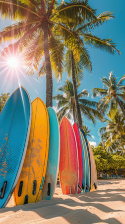 Several surfboards are arranged neatly on a sandy beach, ready for use by surfers.の素材