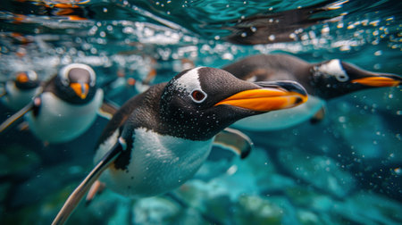 A group of penguins navigating through the water, swimming gracefully in unison.の素材
