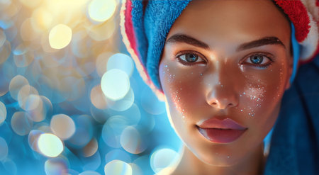 Close-up of a woman with a towel wrapped around her head.の素材