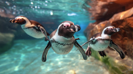 A group of penguins navigating through the water, swimming gracefully in unison.の素材