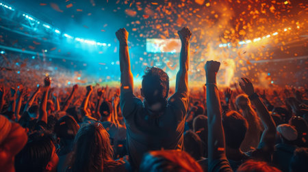 A dense crowd of concert-goers gathered together in a large outdoor venue, enjoying live music and cheering enthusiastically.の素材