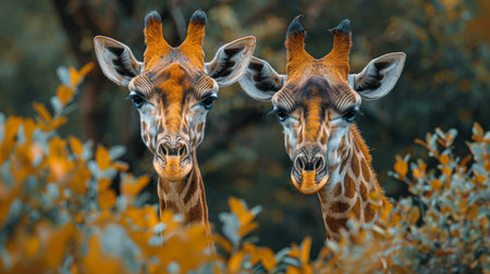 Two giraffes stand side by side, showing their tall necks and spotted coats in the savannah.の素材