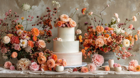 A wedding cake adorned with beautiful flowers sits on a table for a special celebration.の素材