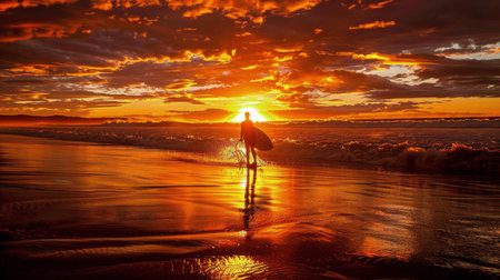A person standing on a sandy beach, holding a surfboard, with the sun setting in the background.の素材