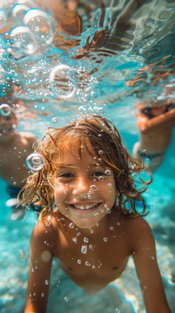 A group of children joyfully swimming in the water on a sunny day, splashing and playing together in the refreshing pool.の素材