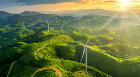 A cluster of windmills positioned on a sloping hill, with their blades turning in the wind.の素材