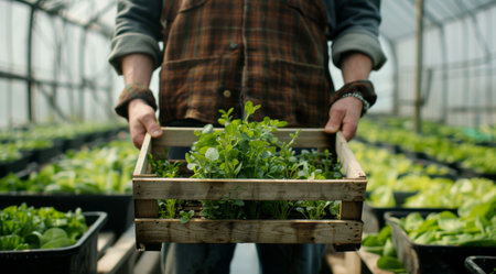 A man holding a wooden crate filled with fresh lettuce.の素材