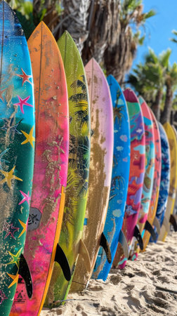 Several surfboards are arranged neatly on a sandy beach, ready for use by surfers.の素材