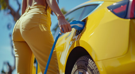 A woman in casual attire is standing at a gas pump, filling her car with fuel.の素材