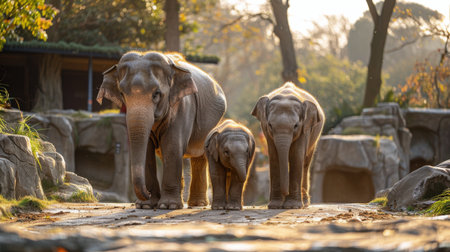 An adult elephant and a baby elephant are standing in a lush forest setting.の素材