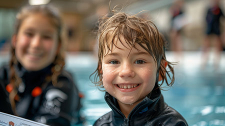 A boy and a girl are swimming and playing in a pool, enjoying a sunny day outdoors.の素材