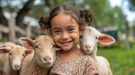 A young girl stands smiling next to a herd of sheep in a grassy field.の素材