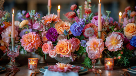 A table covered with a variety of colorful flowers arranged in a vase.の素材